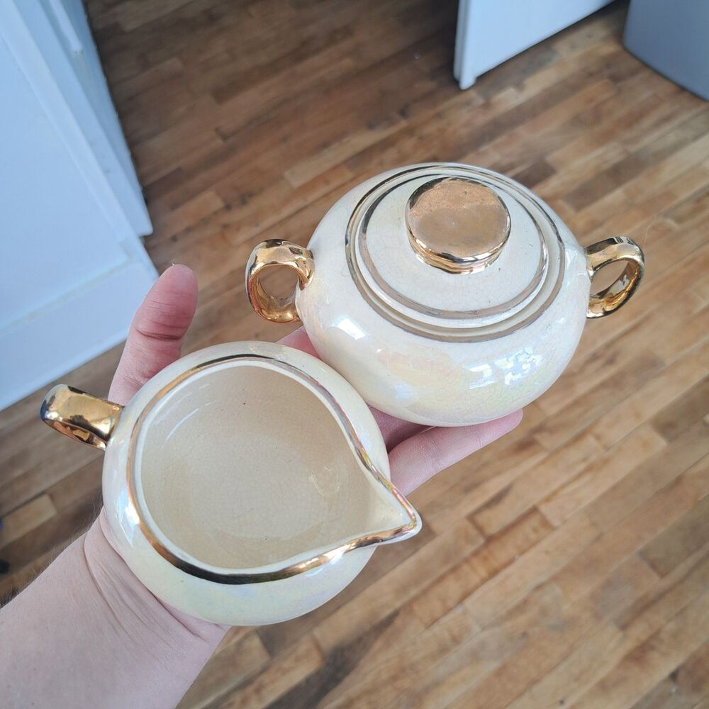 Vintage 60's 2pc Set Chic Pottery Ohio Sugar Creamer Bowl Dish Lusterware Gold